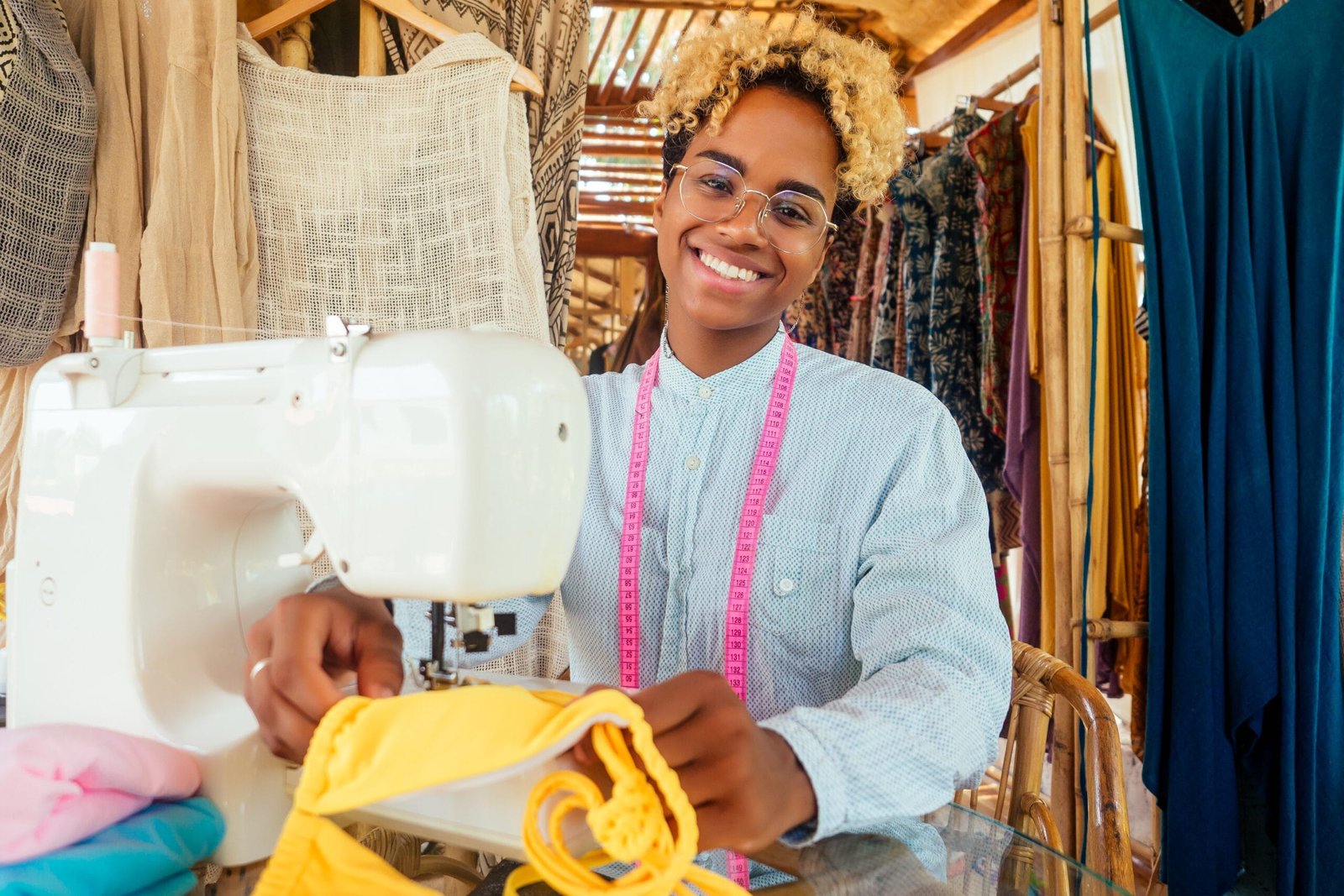 african american woman sewing a stylish yellow swimming suit for summer pool party in tropical workshop in Bali.